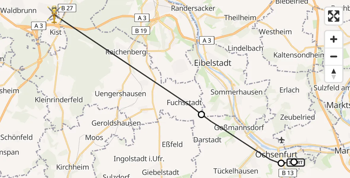 Flugroute Rettungshubschrauber Ochsenfurt Hospital - Eisingen, 14 April 2026, 16:08