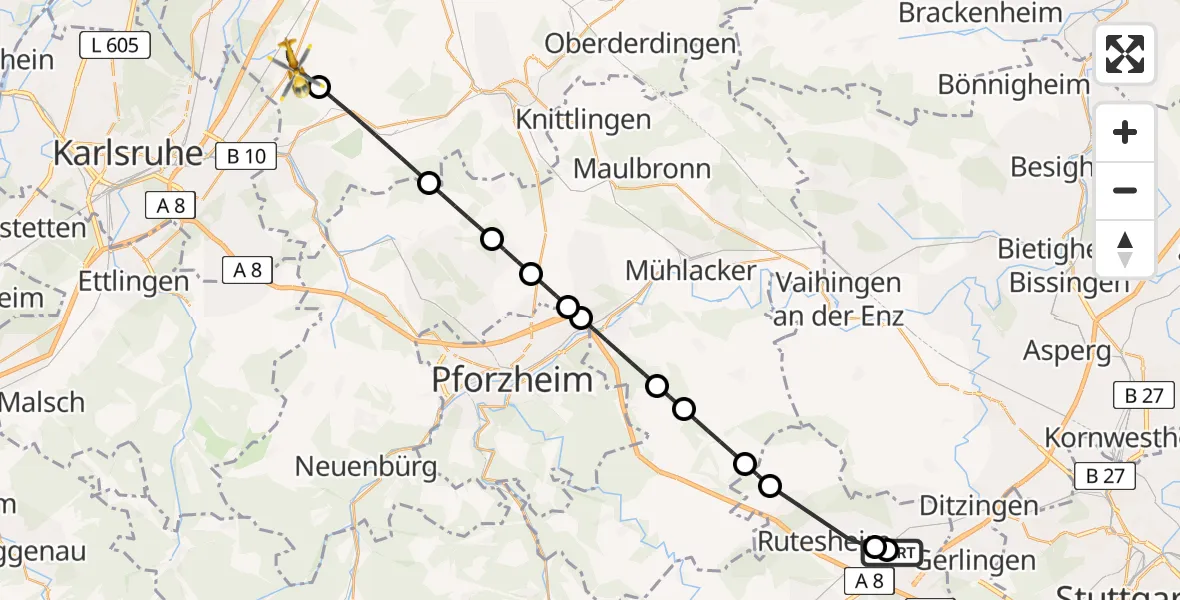 Flugroute Rettungshubschrauber Leonberg Hospital - Weingarten (Baden), 14 April 2026, 16:17