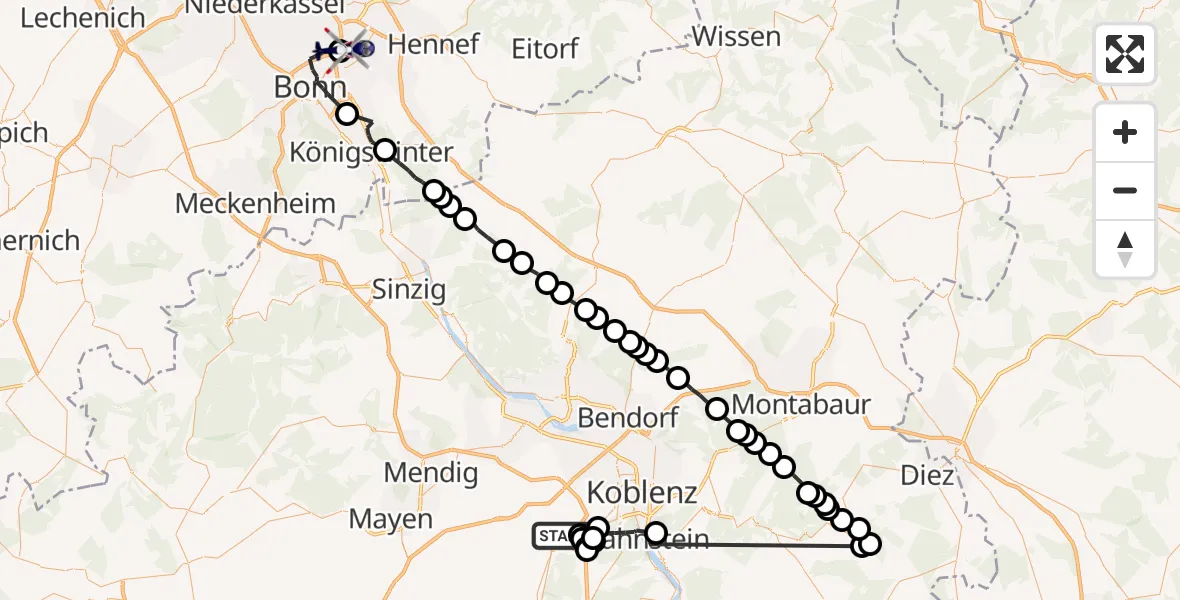 Flugroute Polizeihubschrauber Dieblich - Sankt Augustin, 14 April 2026, 16:17