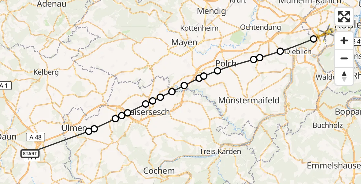 Flugroute Ambulanzhubschrauber Mehren - Koblenz, 14 April 2026, 16:22