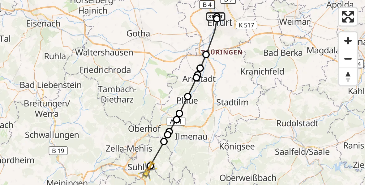Flugroute Rettungshubschrauber Helios Clinic Erfurt - Schleusingen, 14 April 2026, 16:24