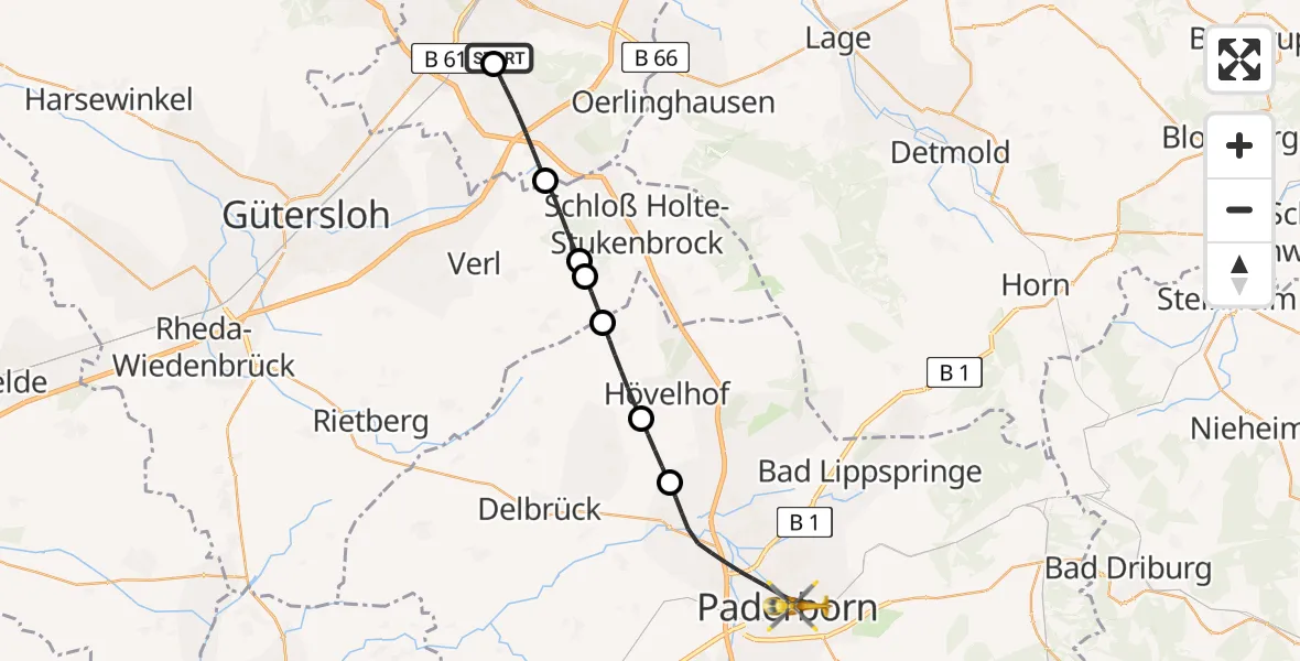 Flugroute Rettungshubschrauber Luftrettungszentrum Bielefeld - Paderborn, 14 April 2026, 16:27