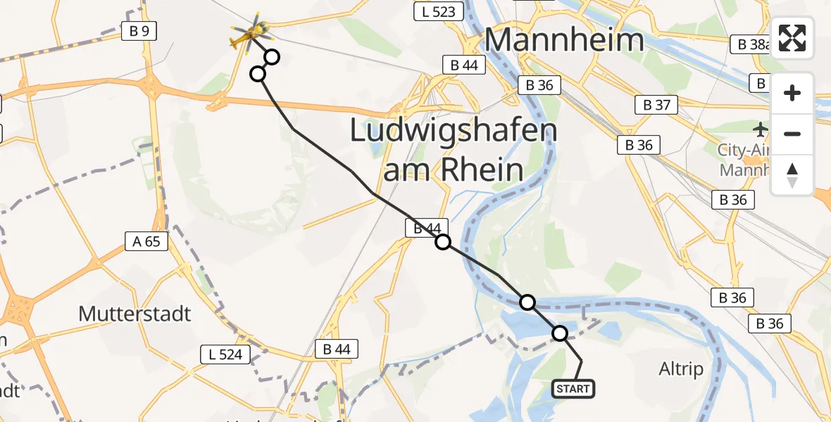 Flugroute Rettungshubschrauber Altrip - Ludwigshafen am Rhein, 14 April 2026, 16:30