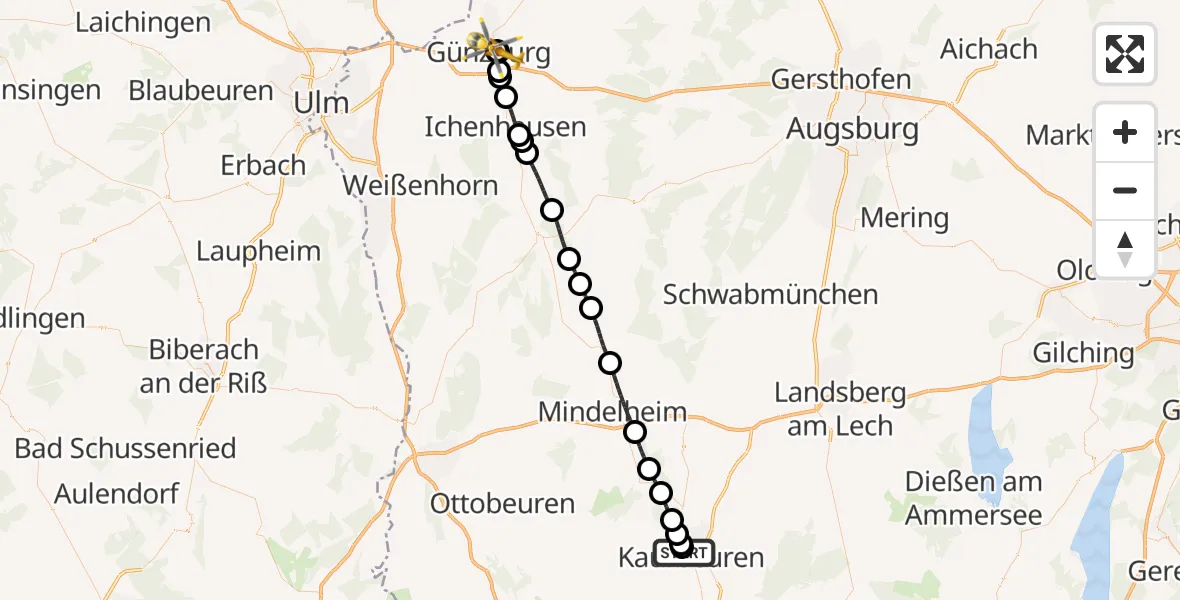 Flugroute Rettungshubschrauber Ostallgäu-Kaufbeuren Hospital - Günzburg Hospital, 14 April 2026, 16:31