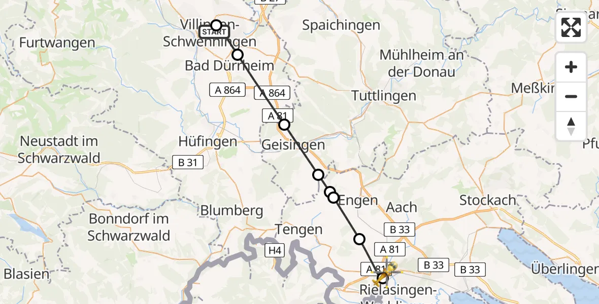 Flugroute Rettungshubschrauber DRF Air Rescue Station Villingen-Schwenningen Hubschrauberlandeplatz (Christoph 11) - Singen (Hohentwiel), 14 April 2026, 16:33