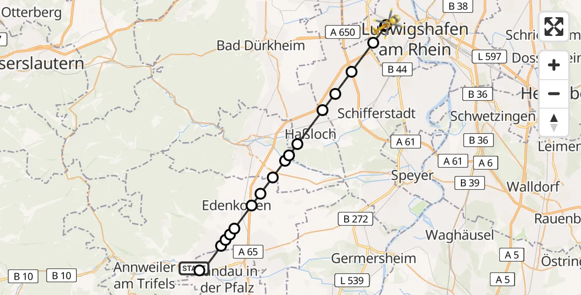 Routekaart van de vlucht: Rettungshubschrauber nach Ludwigshafen Accident Hospital