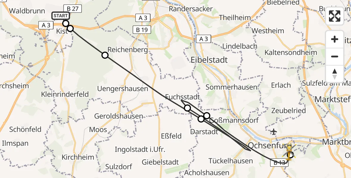 Flugroute Rettungshubschrauber Eisingen - Ochsenfurt Hospital, 14 April 2026, 16:44