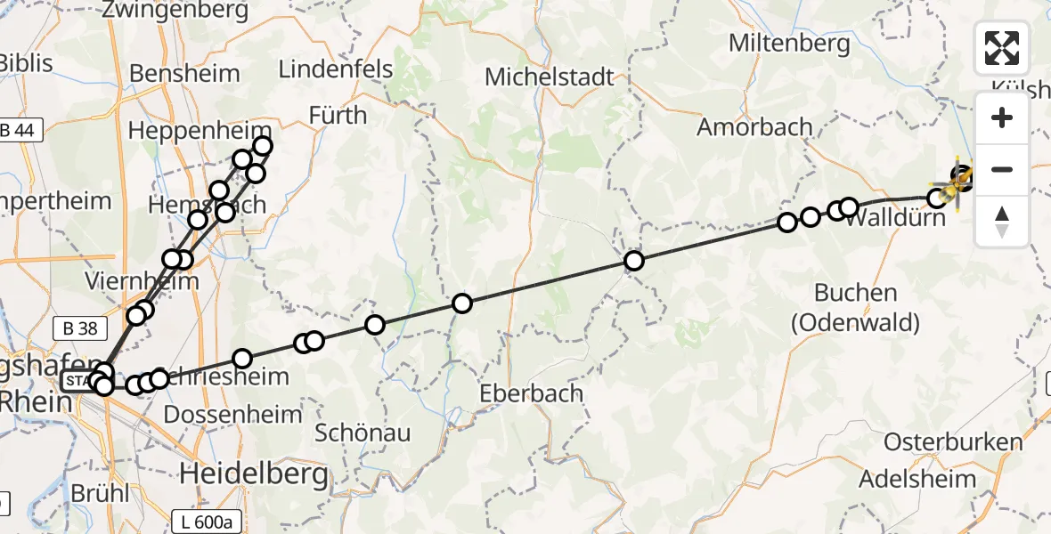 Flugroute Rettungshubschrauber Mannheim-City Flughafen - Höpfingen, 14 April 2026, 16:49