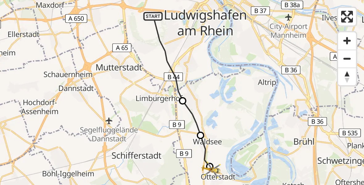 Flugroute Rettungshubschrauber Ludwigshafen am Rhein - Otterstadt, 14 April 2026, 16:59