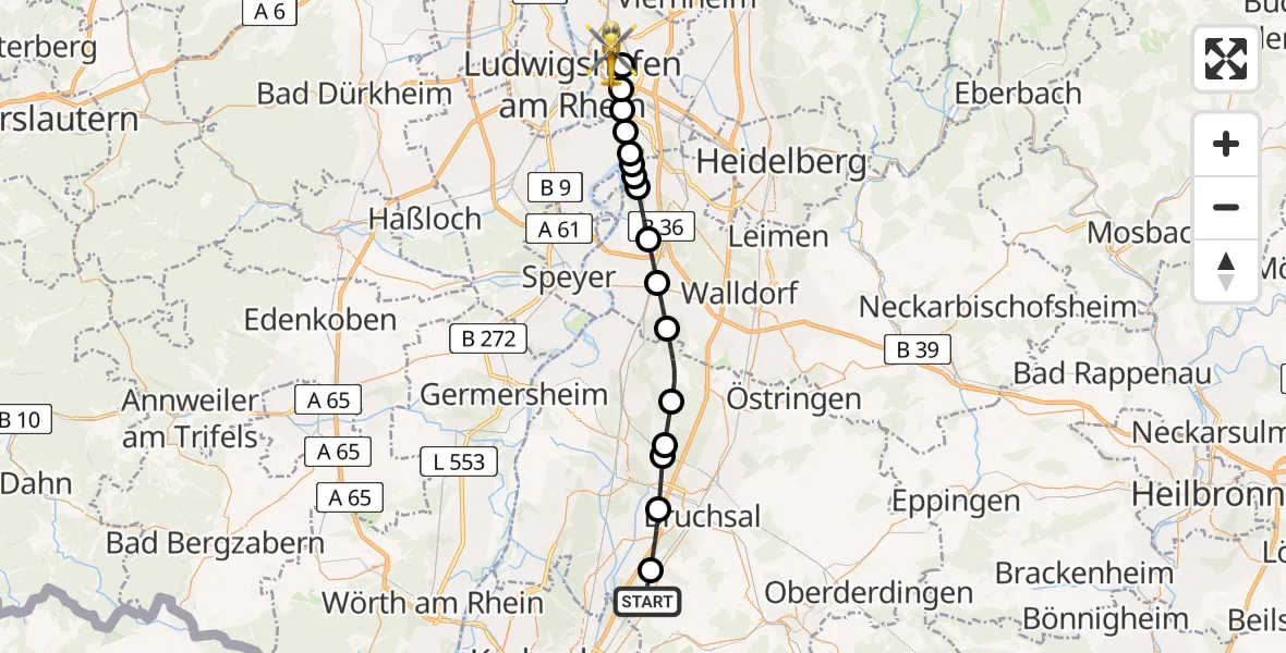 Flugroute Rettungshubschrauber Weingarten (Baden) - Mannheim, 14 April 2026, 17:01