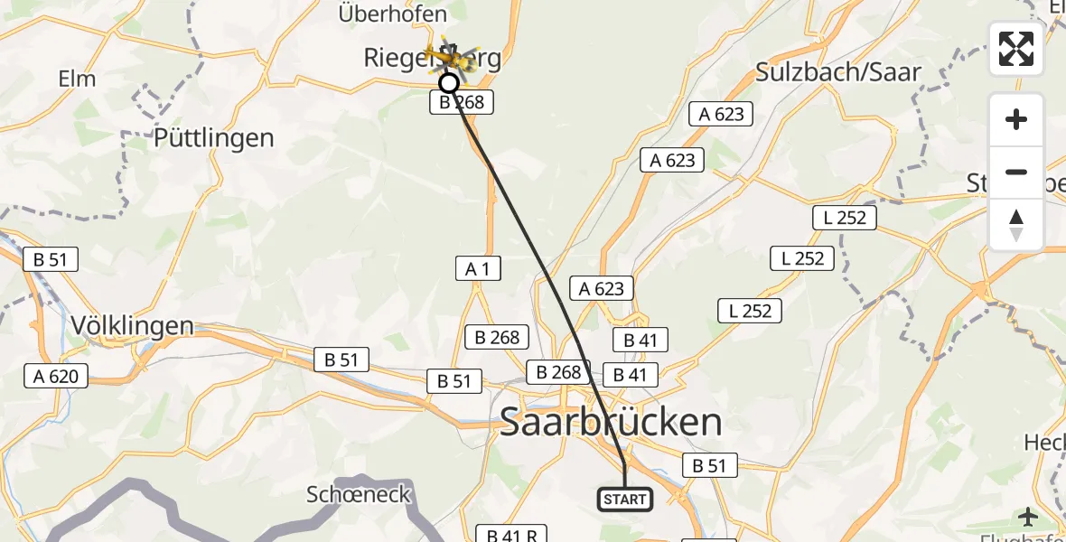 Flugroute Rettungshubschrauber Saarbrücken - Riegelsberg, 14 April 2026, 17:09