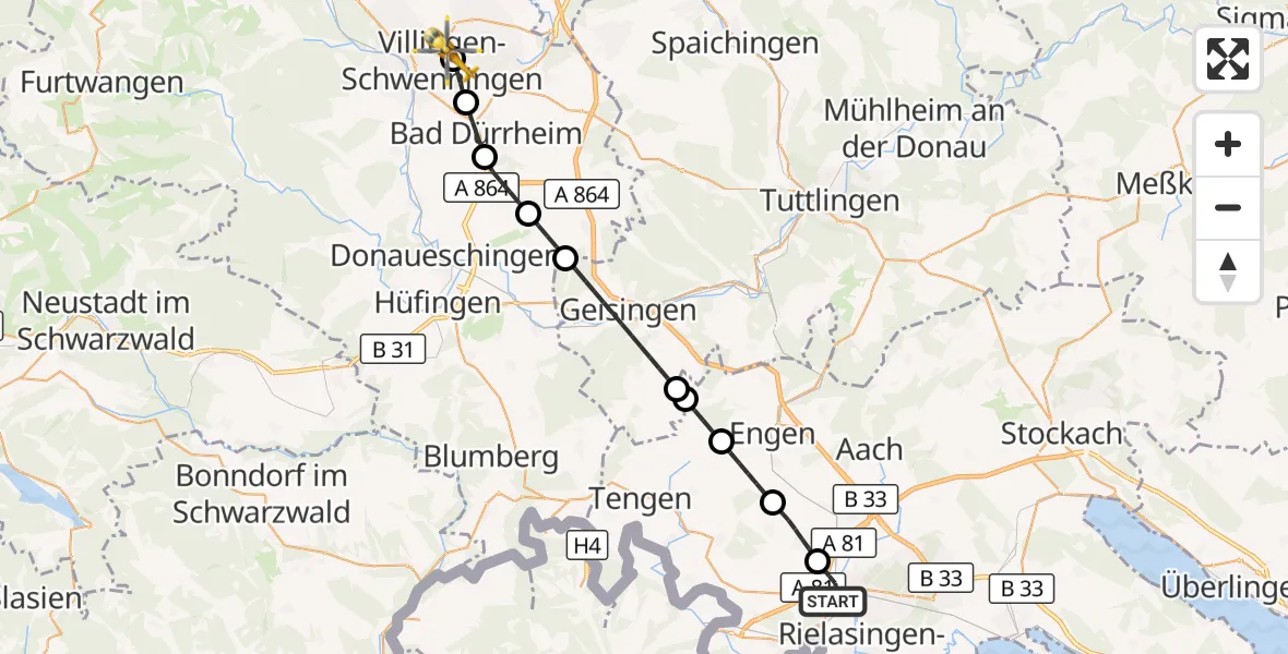 Flugroute Rettungshubschrauber Singen (Hohentwiel) - DRF Air Rescue Station Villingen-Schwenningen Hubschrauberlandeplatz (Christoph 11), 14 April 2026, 17:11