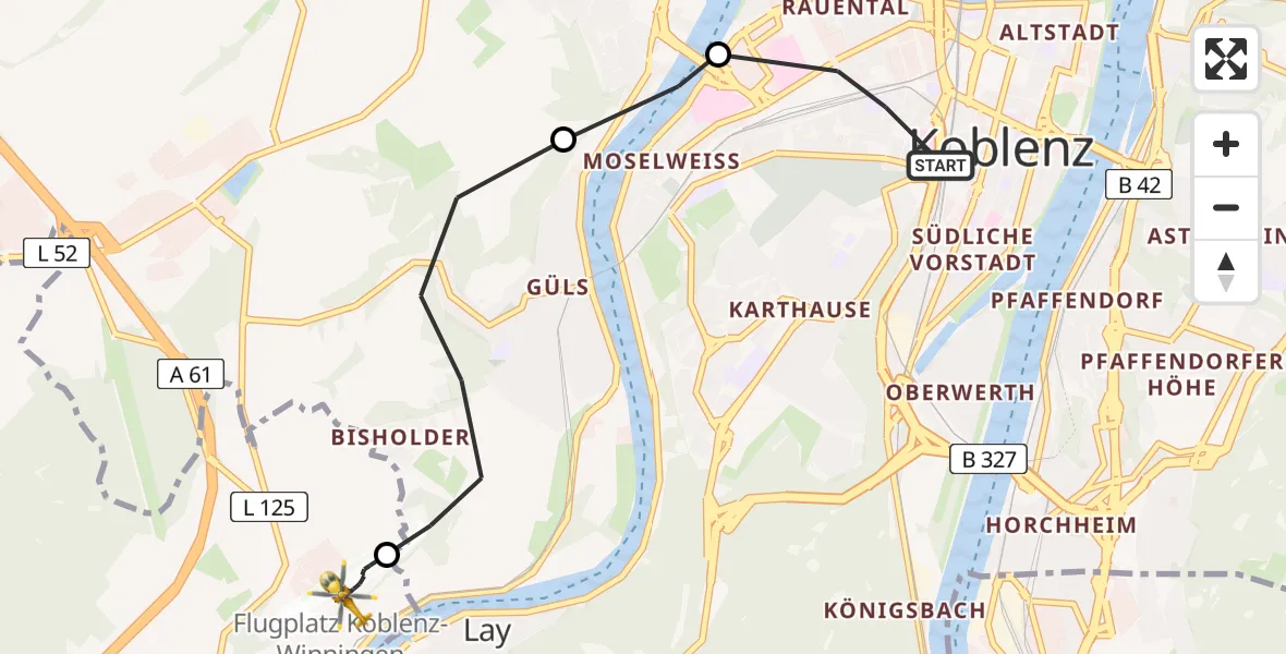 Flugroute Ambulanzhubschrauber Koblenz - Koblenz-Winningen Flugplatz, 14 April 2026, 17:13