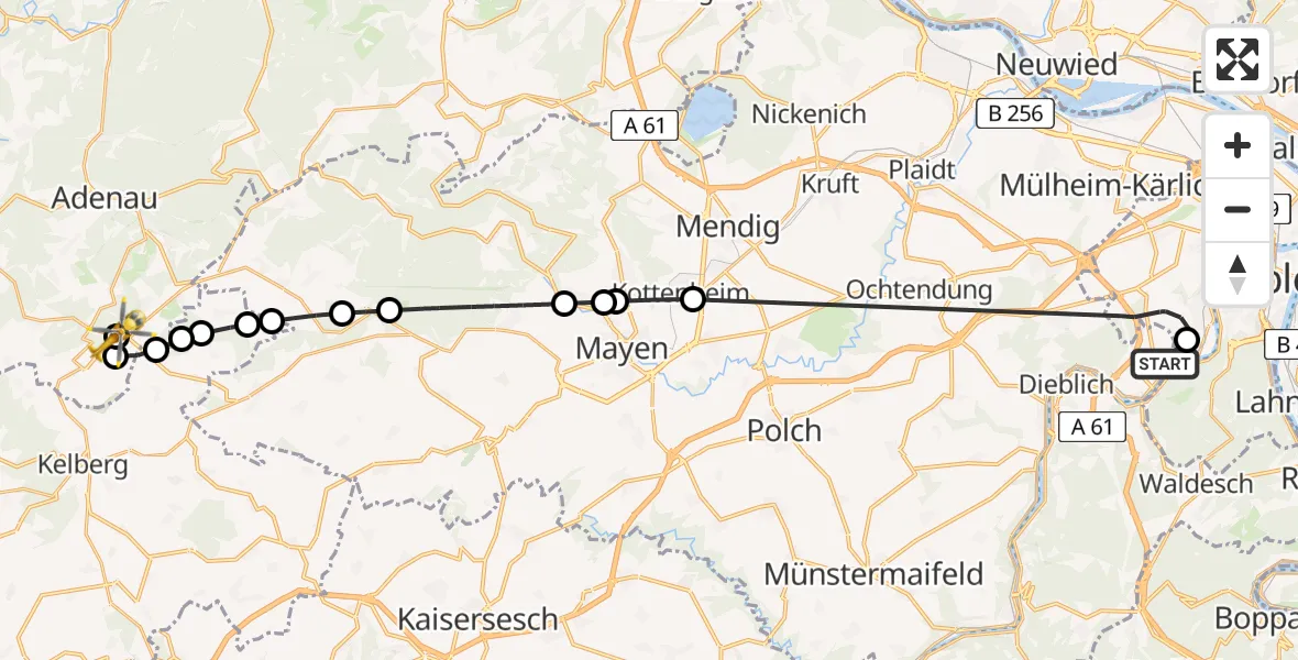 Flugroute Ambulanzhubschrauber Koblenz-Winningen Flugplatz - Nürburgring Hubschrauberlandeplatz, 14 April 2026, 17:29