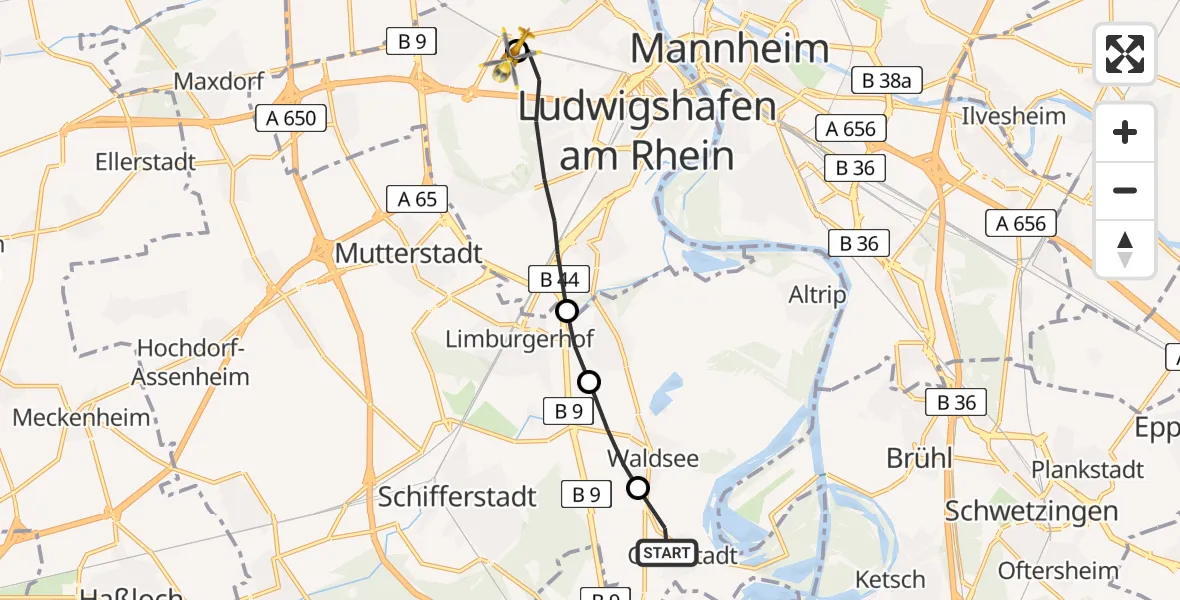 Flugroute Rettungshubschrauber Otterstadt - Ludwigshafen Accident Hospital, 14 April 2026, 17:36