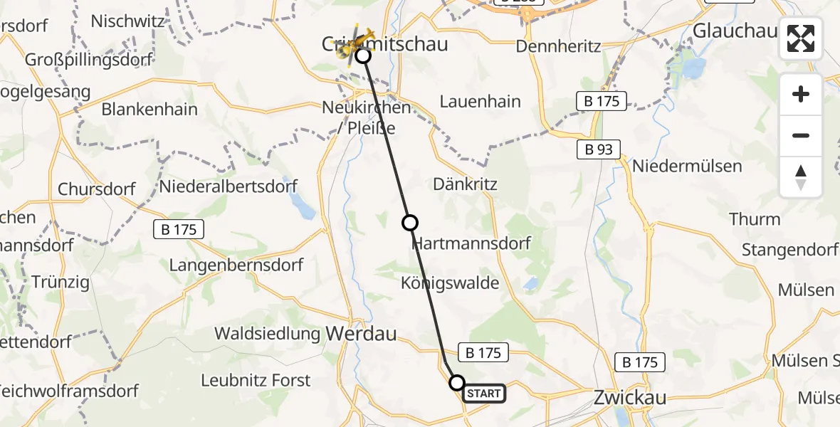 Flugroute Rettungshubschrauber ADAC Air Rescue Station Zwickau Hubschrauberlandeplatz - Crimmitschau, 14 April 2026, 17:37