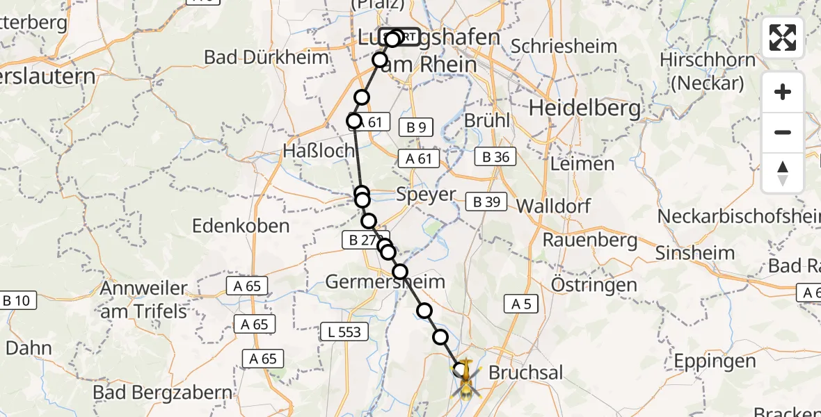Flugroute Rettungshubschrauber Ludwigshafen Accident Hospital - Stutensee, 14 April 2026, 17:39