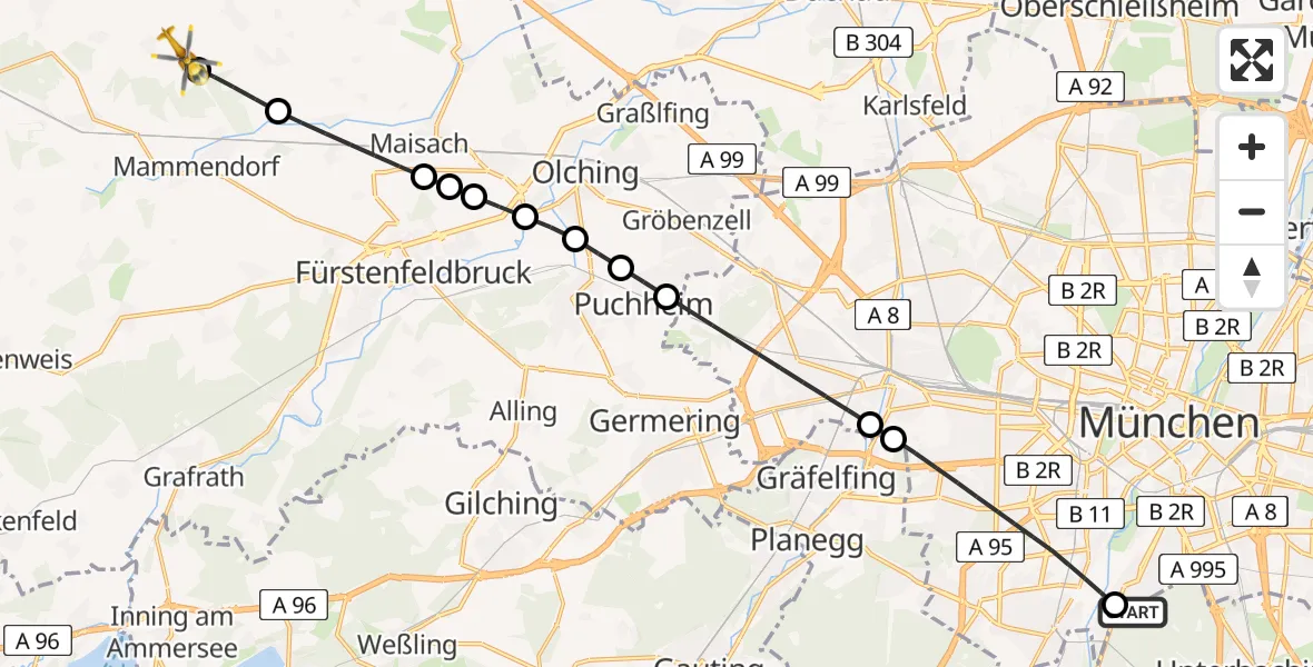 Flugroute Rettungshubschrauber ADAC Air Rescue Center Hubschrauberlandeplatz (Christoph 1) - Oberschweinbach, 14 April 2026, 17:42