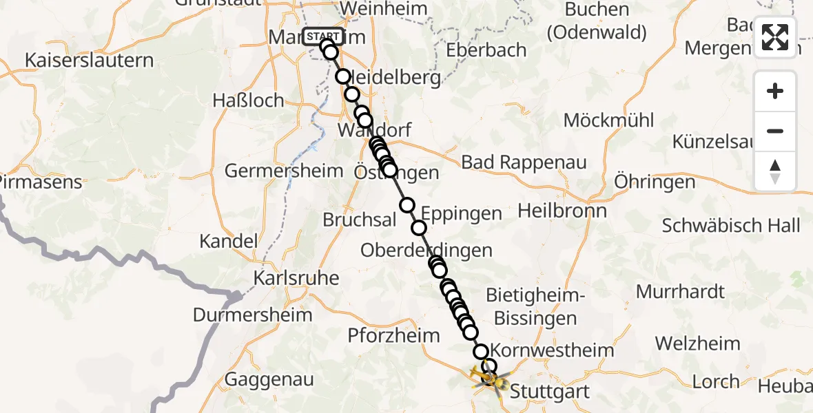 Flugroute Rettungshubschrauber Mannheim - Leonberg Hospital Hubschrauberlandeplatz, 14 April 2026, 17:47
