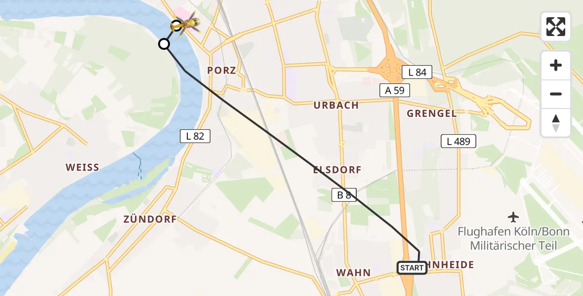 Flugroute Ambulanzhubschrauber Köln - Porz am Rhein Hospital, 14 April 2026, 17:48