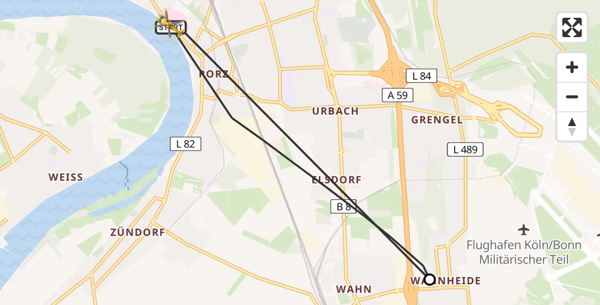 Flugroute Ambulanzhubschrauber Porz am Rhein Hospital - Porz am Rhein Hospital, 14 April 2026, 17:50