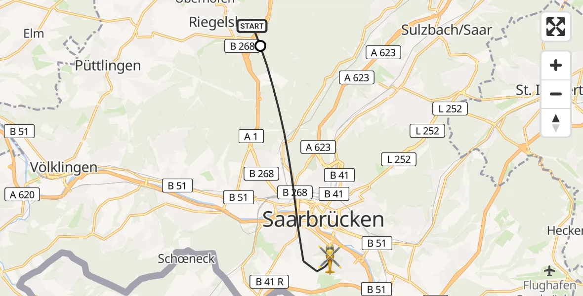 Flugroute Rettungshubschrauber Riegelsberg - Saarbrücken, 14 April 2026, 17:53