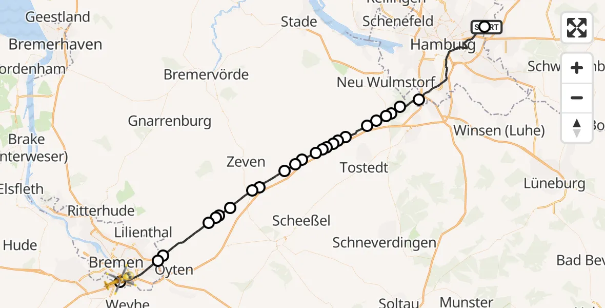 Flugroute Rettungshubschrauber Wilhelmstift Catholic Children's Hospital - ADAC Air Rescue Station Bremen Hubschrauberlandeplatz (Christoph 6), 14 April 2026, 17:54