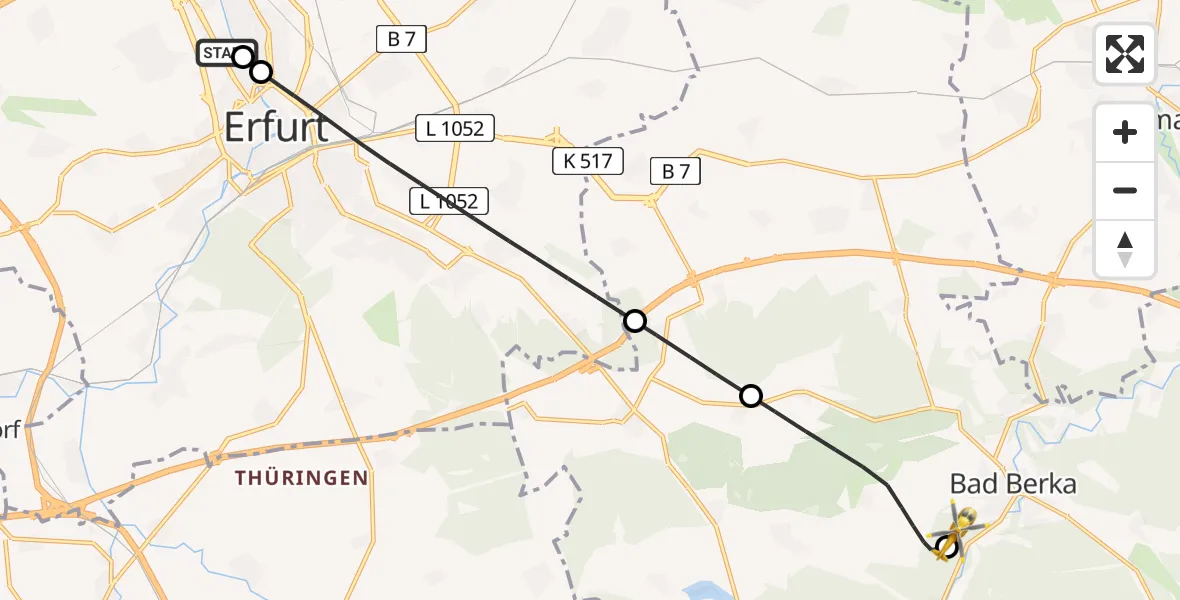 Flugroute Ambulanzhubschrauber Helios Clinic Erfurt - DRF Rettungsstation Bad Berka Hubschrauberlandeplatz, 14 April 2026, 17:55