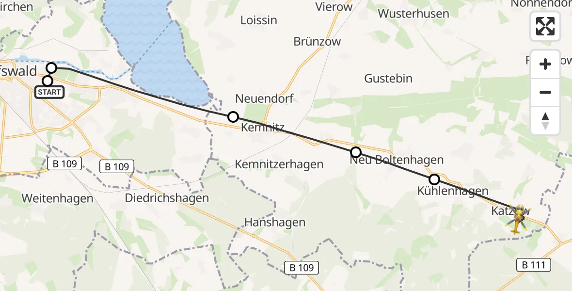 Flugroute Rettungshubschrauber Greifswald Hospital - Katzow, 14 April 2026, 18:06