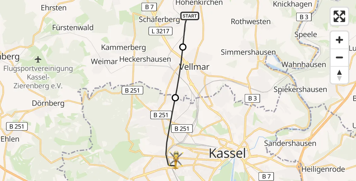 Flugroute Rettungshubschrauber Espenau - Kassel, 14 April 2026, 18:11