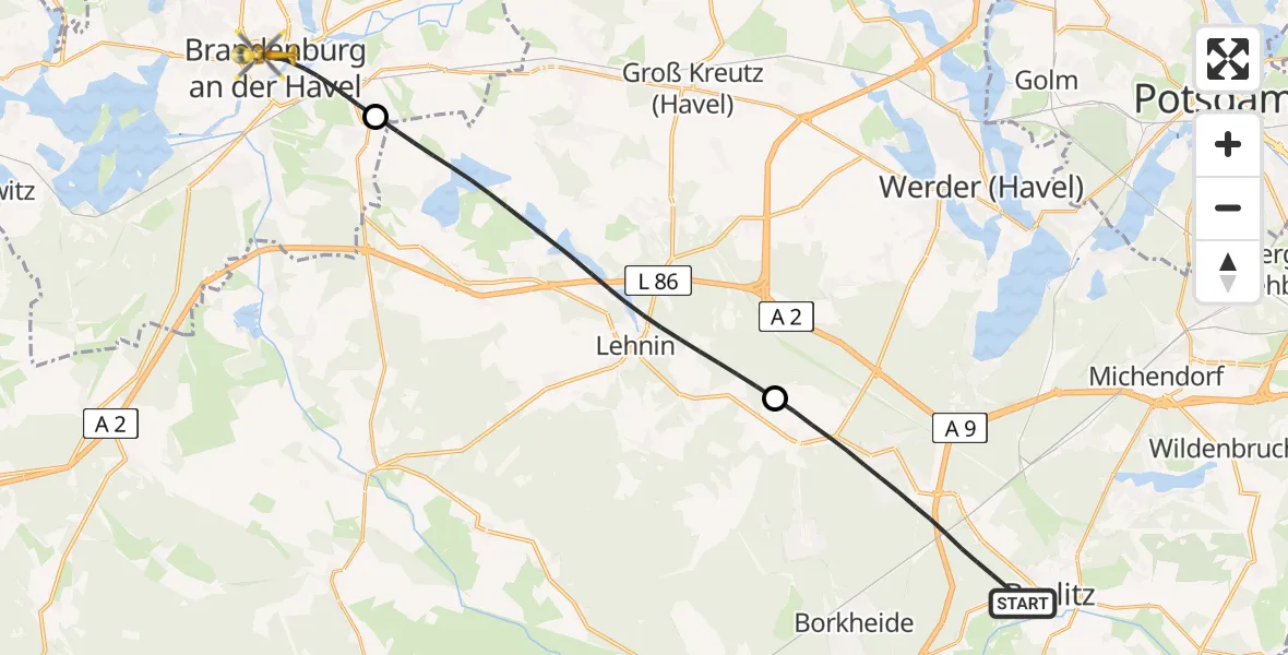Flugroute Rettungshubschrauber Beelitz - Brandenburg an der Havel, 14 April 2026, 18:14