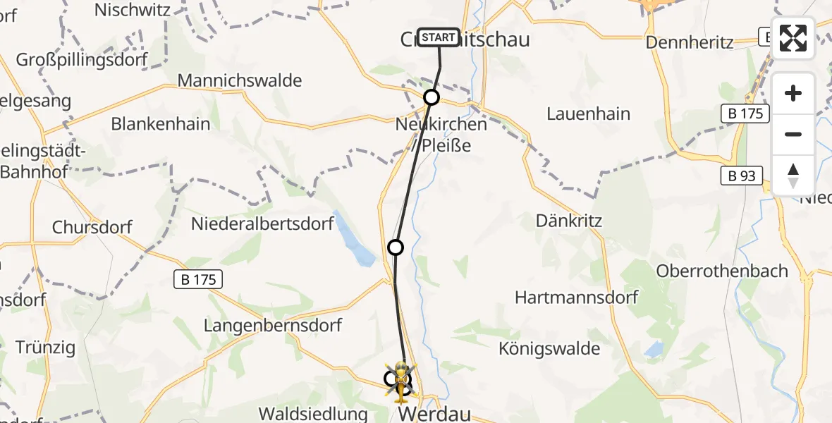 Flugroute Rettungshubschrauber Crimmitschau - Pleißental Hospital, 14 April 2026, 18:16