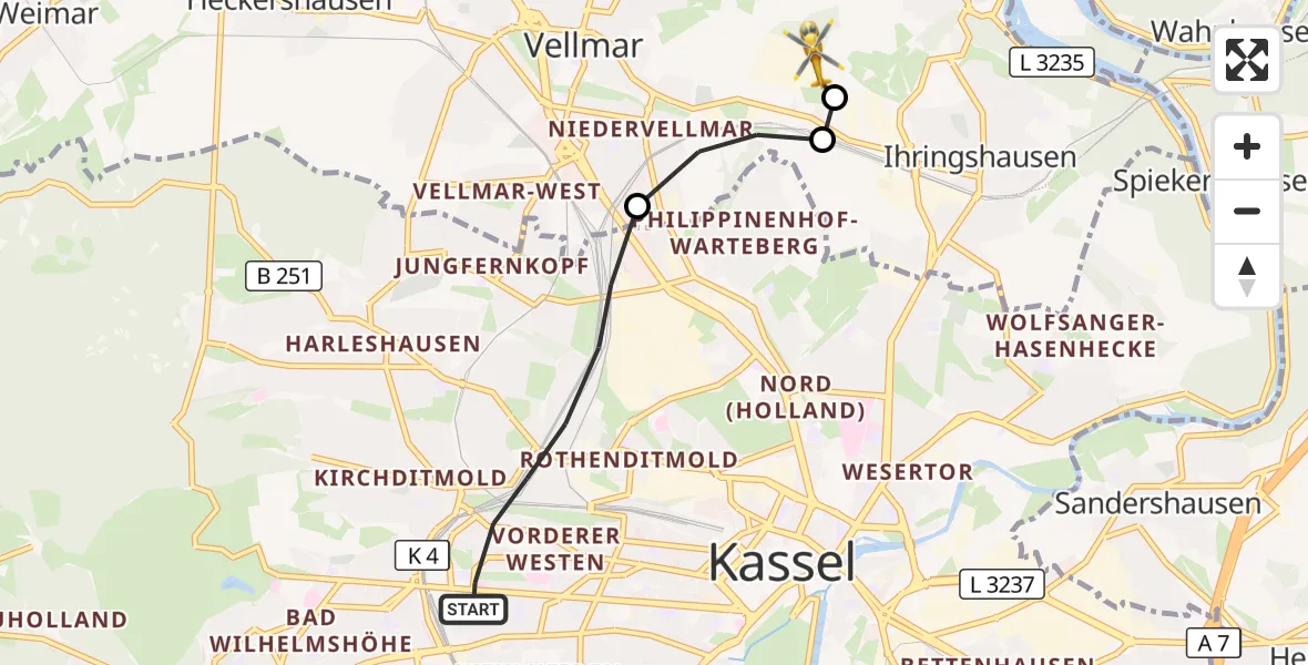 Flugroute Rettungshubschrauber Kassel - Fuldatal Bundespolizei Hubschrauberlandeplatz, 14 April 2026, 18:16