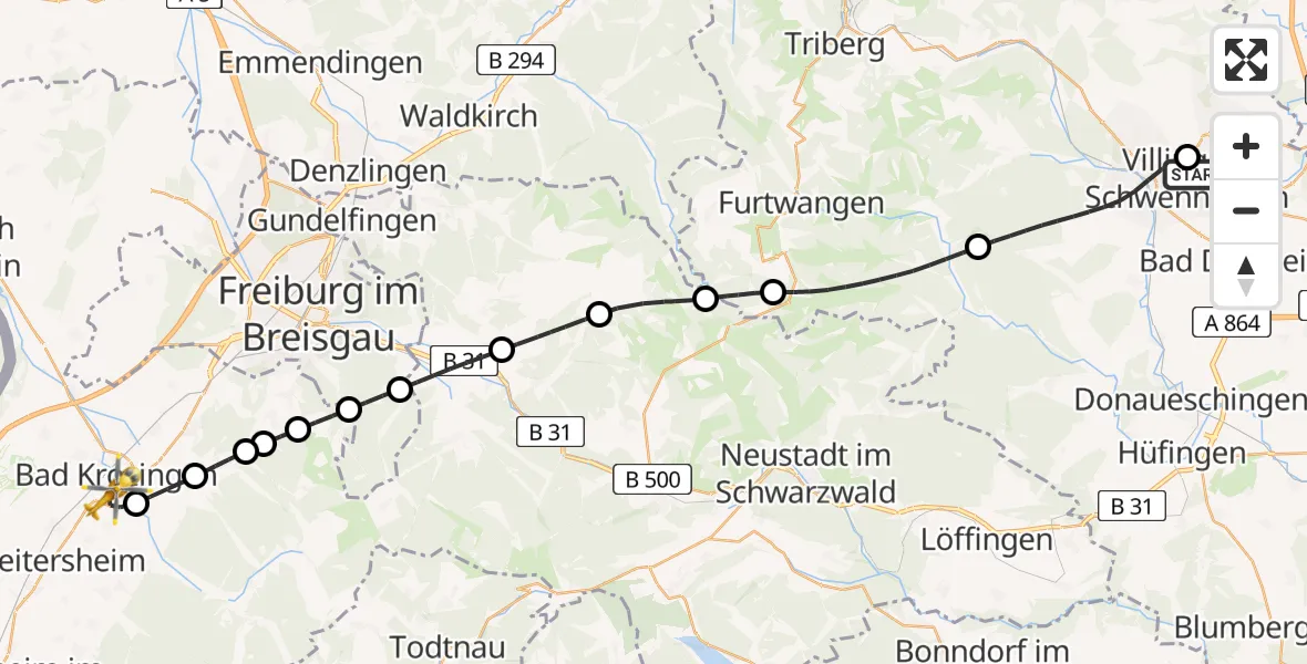 Flugroute Rettungshubschrauber DRF Air Rescue Station Villingen-Schwenningen Hubschrauberlandeplatz (Christoph 11) - Bad Krozingen, 14 April 2026, 18:36