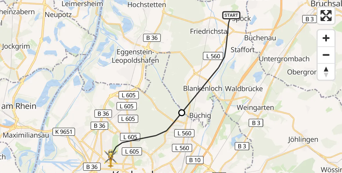 Flugroute Rettungshubschrauber Stutensee - Karlsruhe, 14 April 2026, 18:39