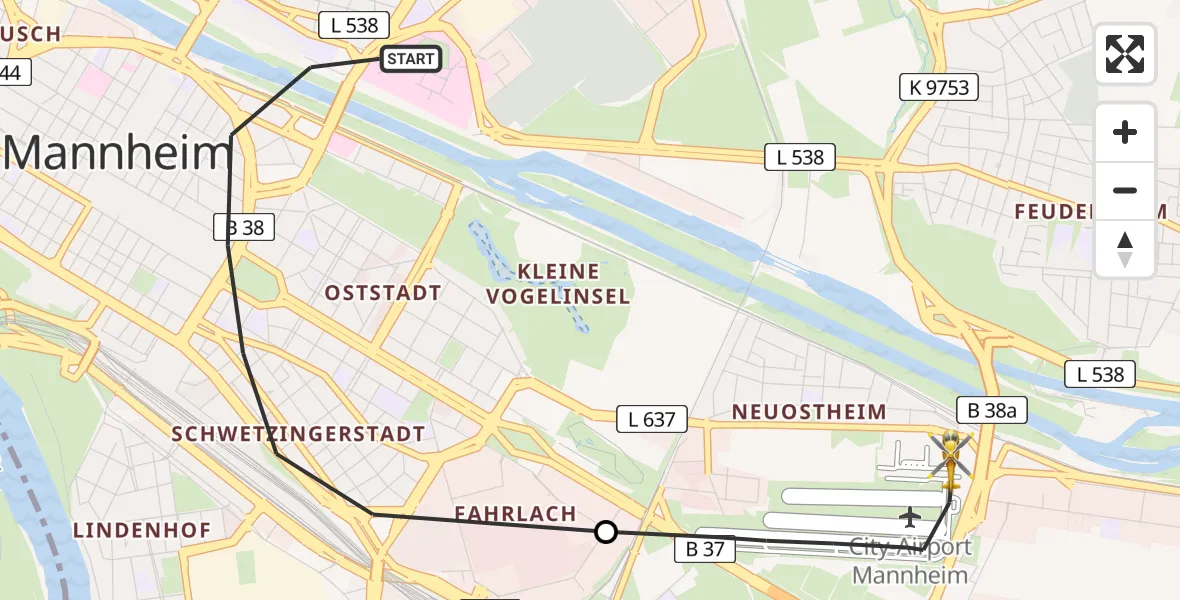 Flugroute Rettungshubschrauber Mannheim - Mannheim-City Flughafen, 14 April 2026, 18:44