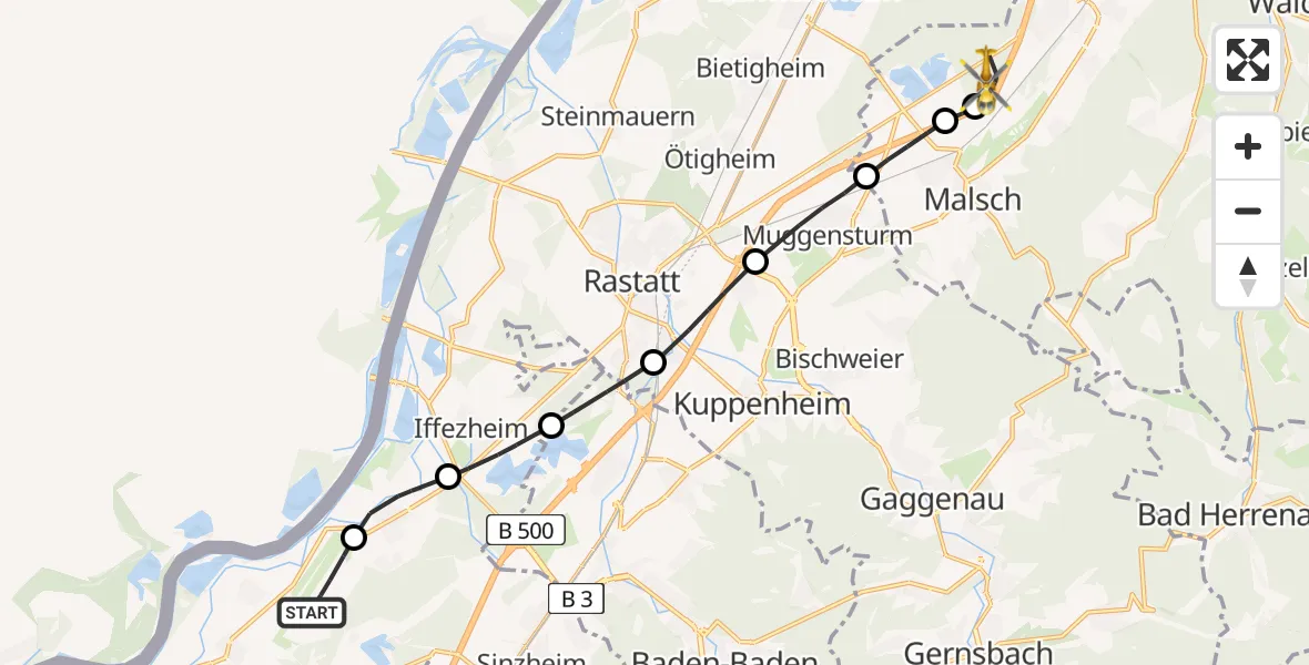 Flugroute Rettungshubschrauber Karlsruhe Baden-Baden Flughafen - Malsch, 14 April 2026, 19:02