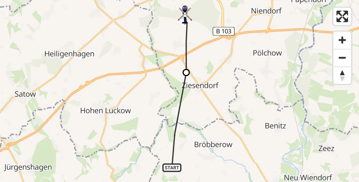 Flugroute Polizeihubschrauber Bröbberow - Ziesendorf, 14 April 2026, 19:11