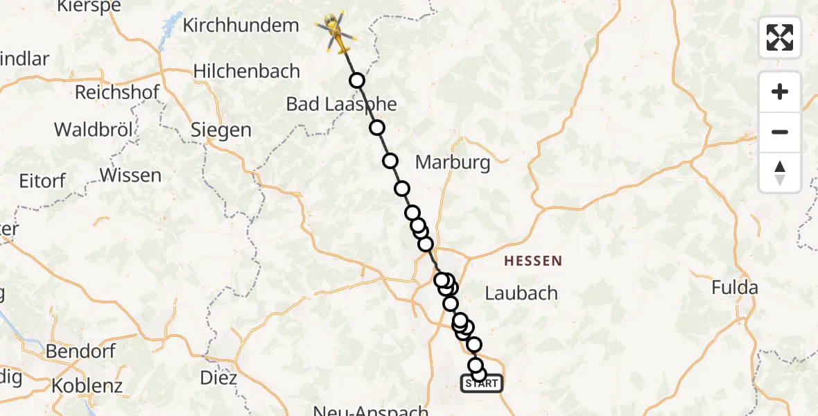 Flugroute Ambulanzhubschrauber Reichelsheim (Wetterau) - Bad Berleburg, 14 April 2026, 19:12