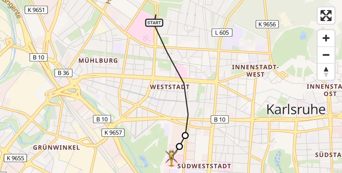 Flugroute Rettungshubschrauber Karlsruhe - Sankt Vincentius Hospital, 14 April 2026, 19:13