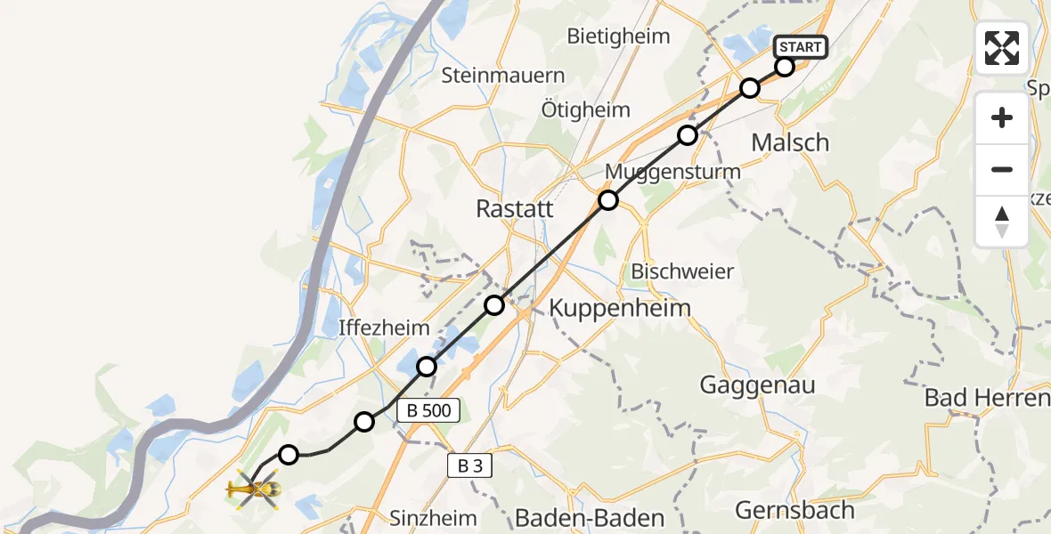 Flugroute Rettungshubschrauber Malsch - Karlsruhe Baden-Baden Flughafen, 14 April 2026, 19:12