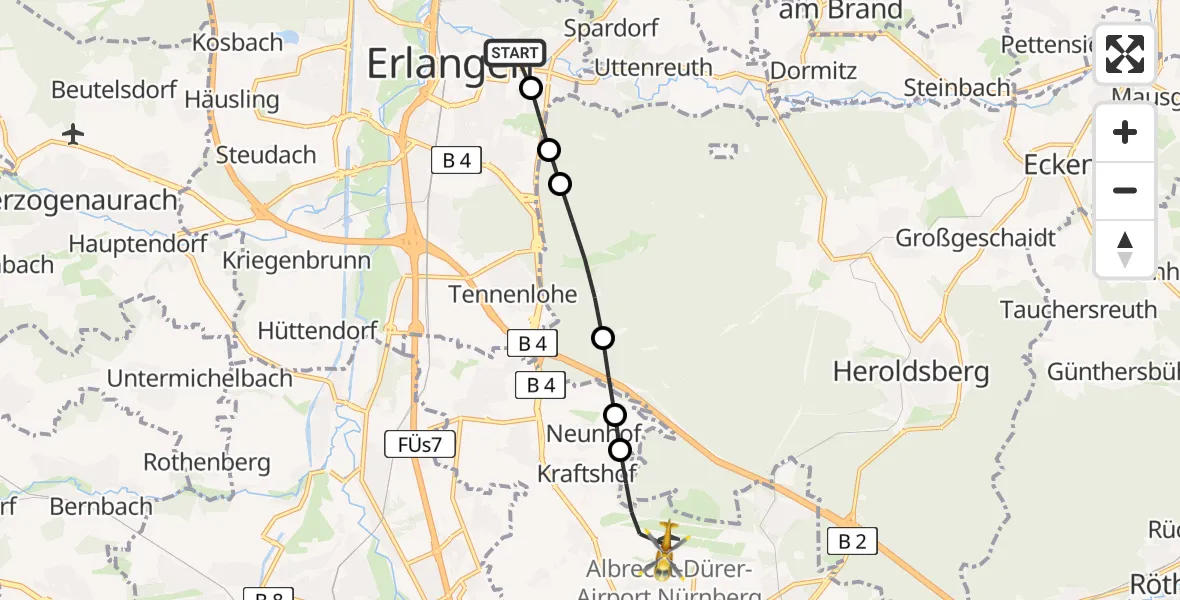Flugroute Ambulanzhubschrauber Erlangen University Hospital Ebrardstraße - Flughafen Nuremberg, 14 April 2026, 19:17