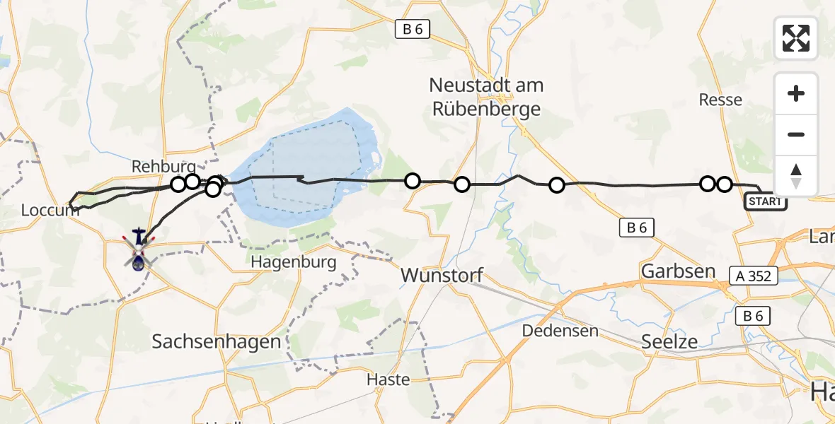 Flugroute Polizeihubschrauber Flughafen Hannover - Rehburg-Loccum, 14 April 2026, 19:30
