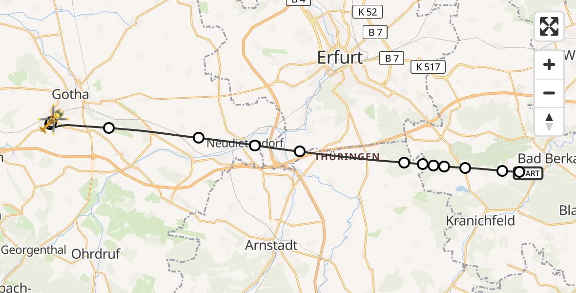 Flugroute Ambulanzhubschrauber DRF Rettungsstation Bad Berka Hubschrauberlandeplatz - Helios Clinic Gotha, 14 April 2026, 19:31