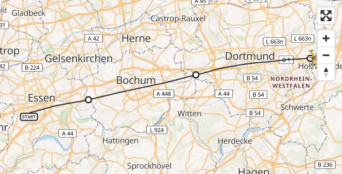 Flugroute Rettungshubschrauber Essen - Dortmund Flughafen, 14 April 2026, 19:32
