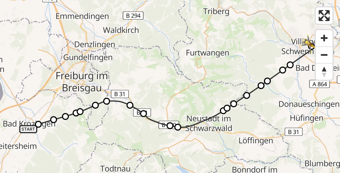 Flugroute Rettungshubschrauber Bad Krozingen - DRF Air Rescue Station Villingen-Schwenningen Hubschrauberlandeplatz (Christoph 11), 14 April 2026, 19:36