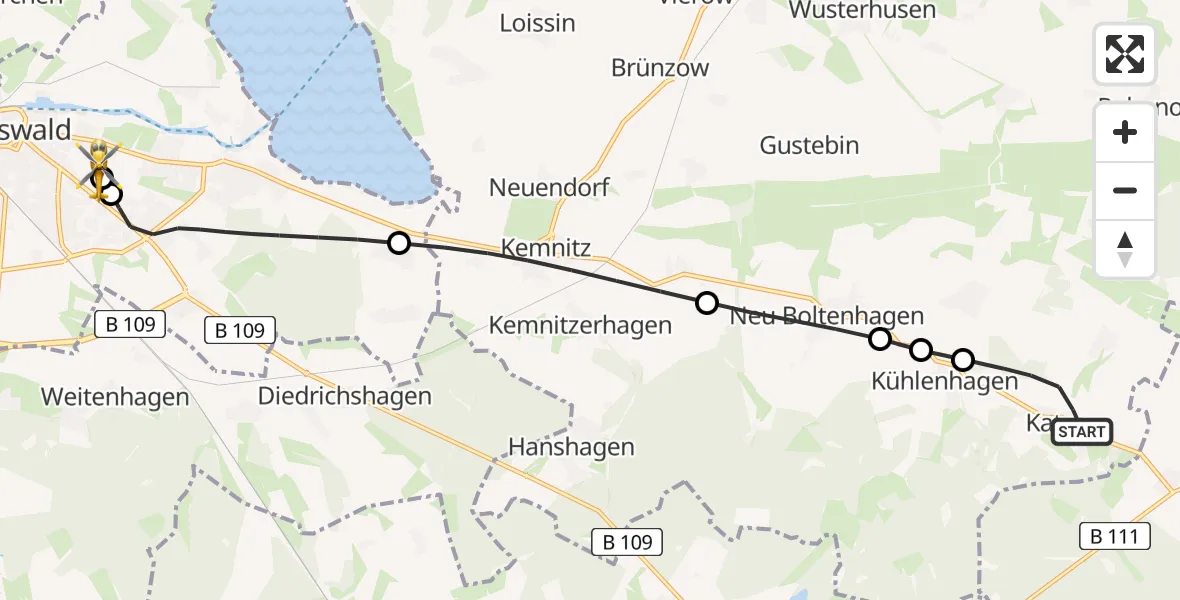 Flugroute Rettungshubschrauber Katzow - Greifswald Hospital, 14 April 2026, 19:48