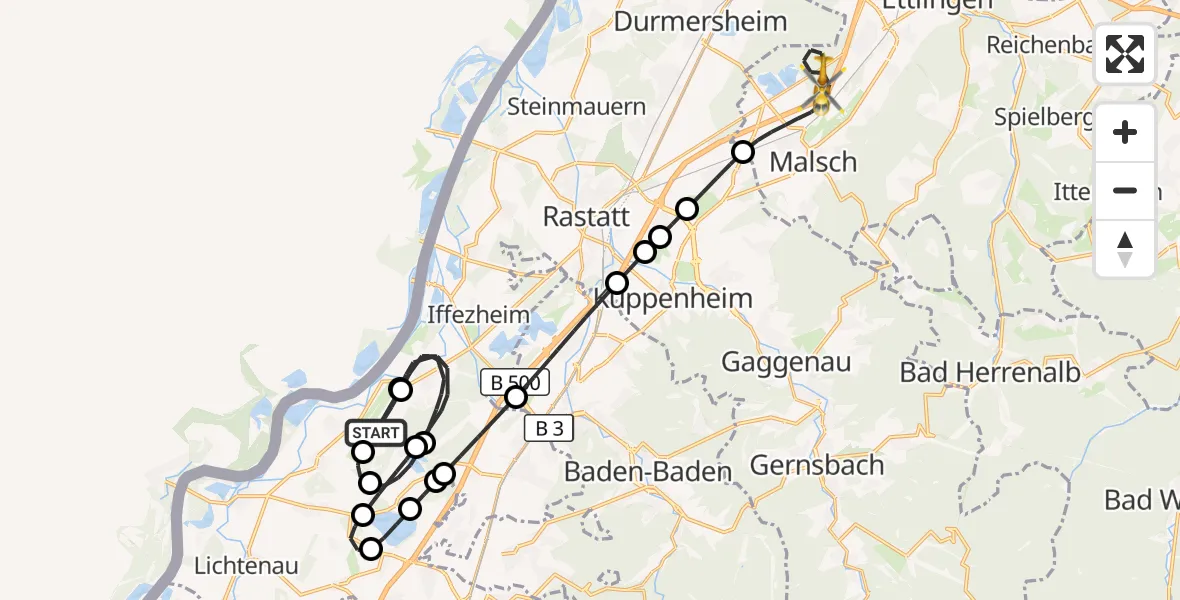 Flugroute Rettungshubschrauber Karlsruhe Baden-Baden Flughafen - Malsch, 14 April 2026, 19:52