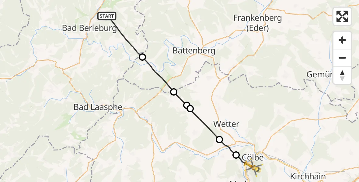 Flugroute Ambulanzhubschrauber Bad Berleburg - Marburg, 14 April 2026, 20:03