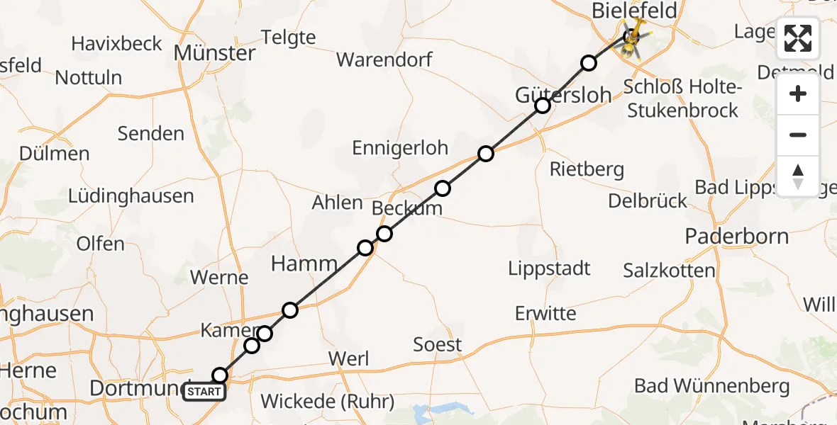 Flugroute Rettungshubschrauber Dortmund Flughafen - Luftrettungszentrum Bielefeld, 14 April 2026, 20:04